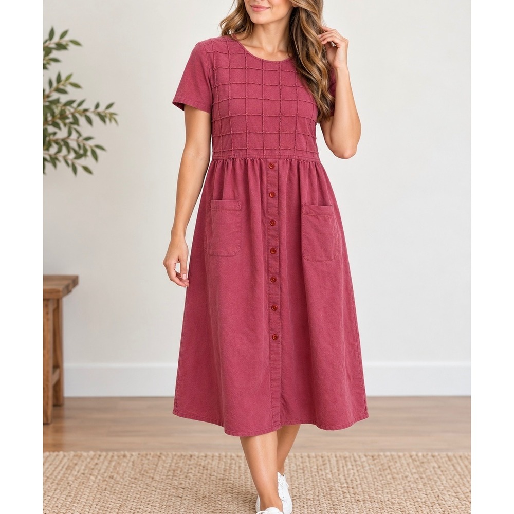 Erika & Co Linen Blend Pink Button Front Midi Dress Pockets Textured Bodice M